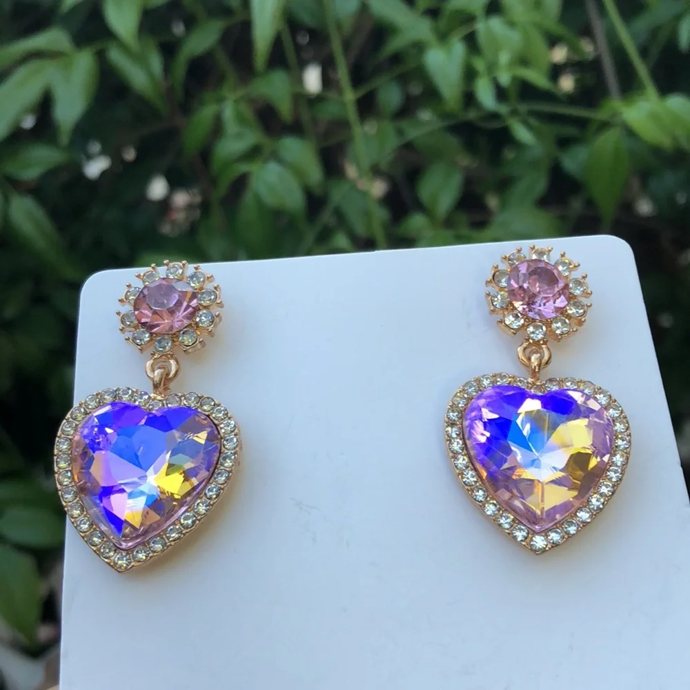 Pink + Purple Crystal Heart Halo Drop Earrings